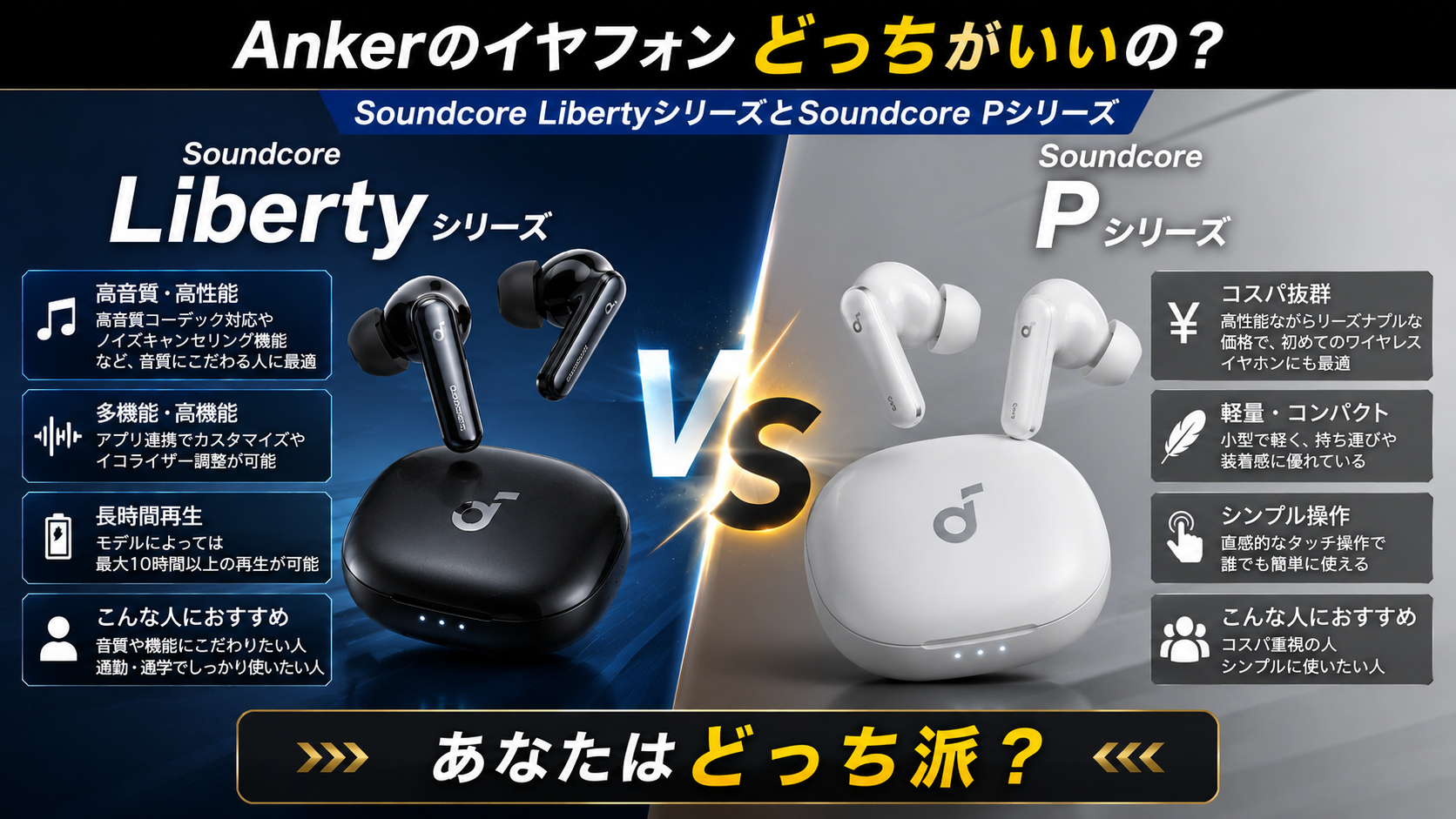 AnkerのイヤフォンSoundcore LibertyシリーズとSoundcore Pシリーズどっちがいいの？