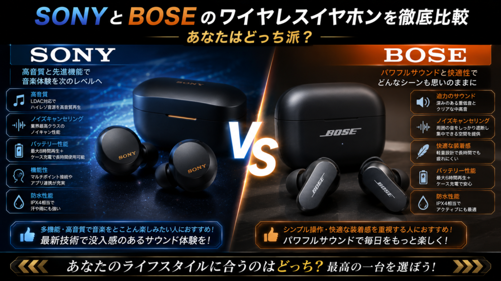 SONYとBOSEのワイヤレスイヤホンを徹底比較