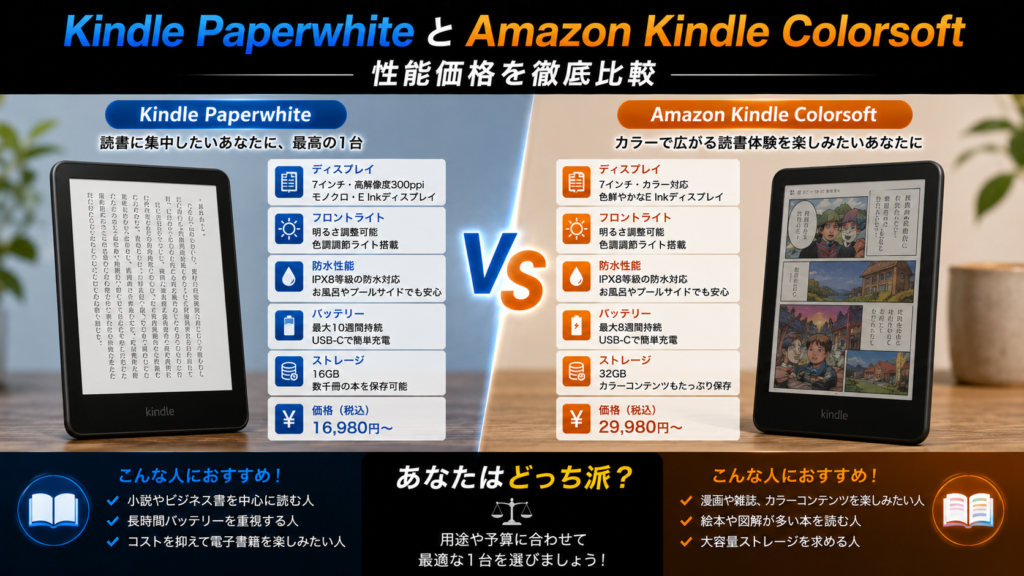 Kindle PaperwhiteとAmazon Kindle Colorsoftの性能価格を徹底比較