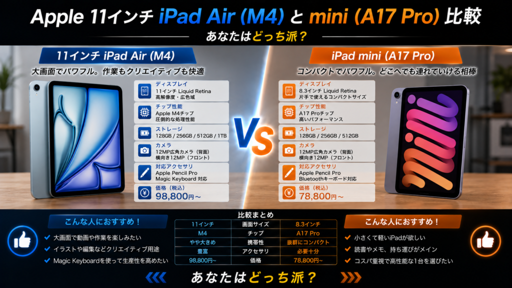 Apple 11インチiPad Air（M4）とmini(A17 Pro)比較