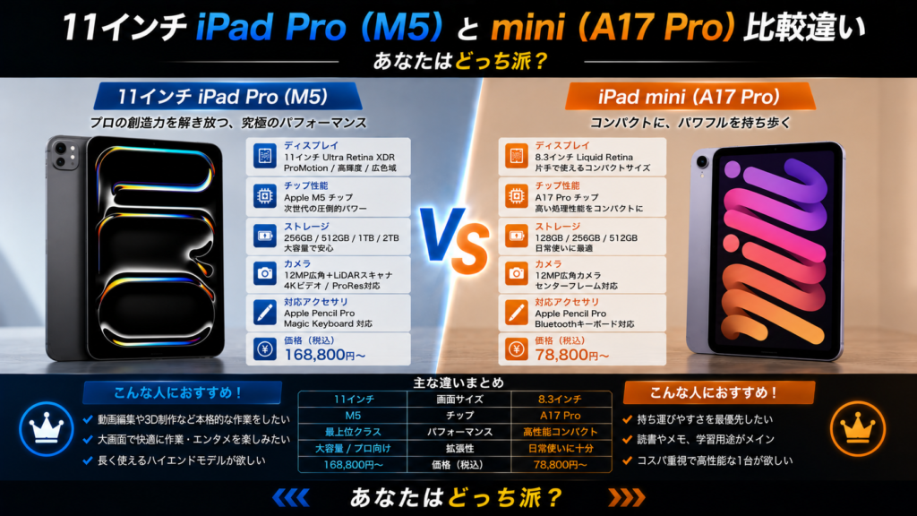 11インチiPad Pro（M5）とmini(A17 Pro)使いやすさと性能を比較