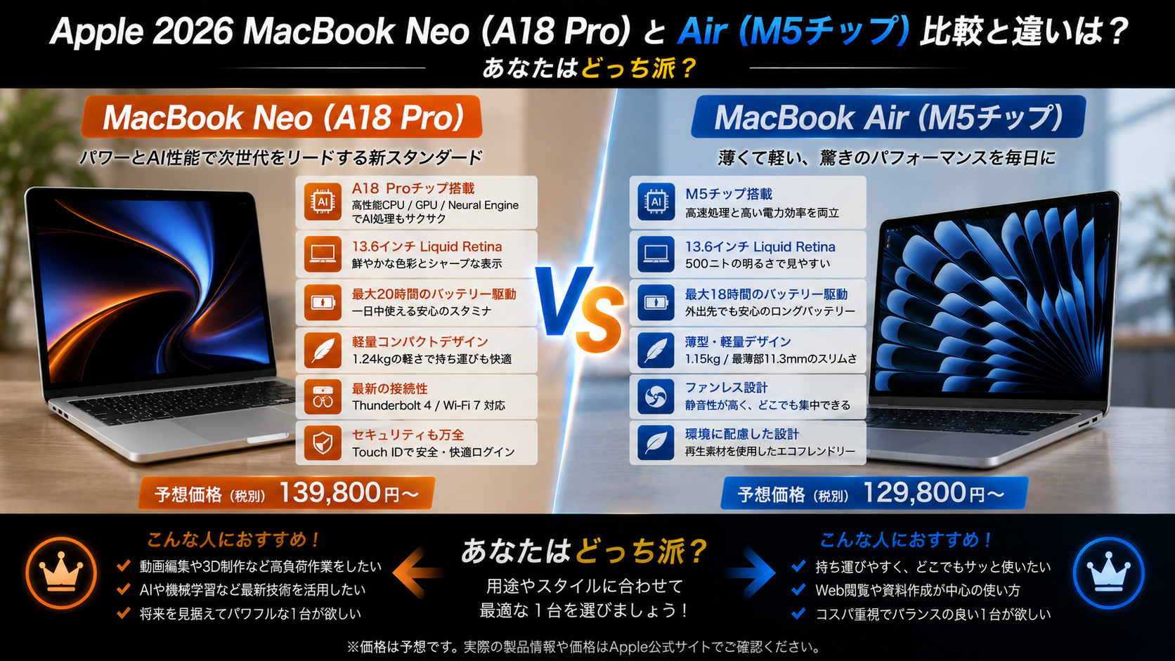 Apple2026MacBookNeoA18Pro/AirM5チップ比較と違いは？
