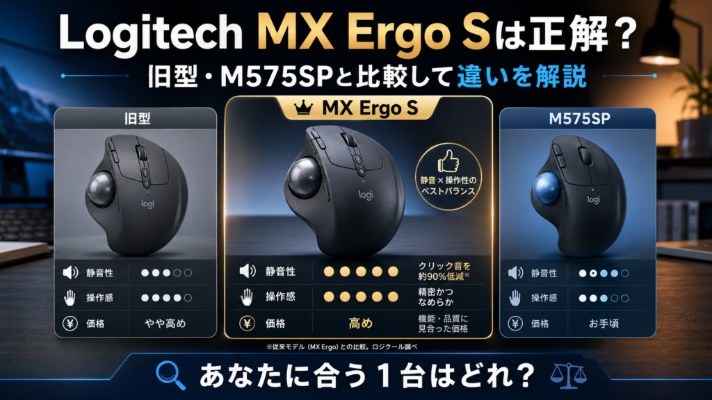 Logitech MX Ergo Sが正解？旧型・M575SPと比較したら静音ワイヤレストラックボールマウスの違いが明確に