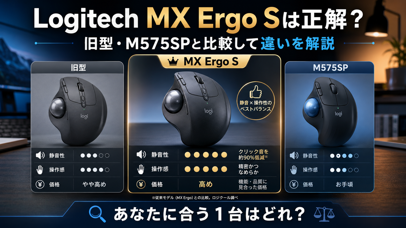 Logitech MX Ergo Sが正解？旧型・M575SPと比較したら静音ワイヤレストラックボールマウスの違いが明確に