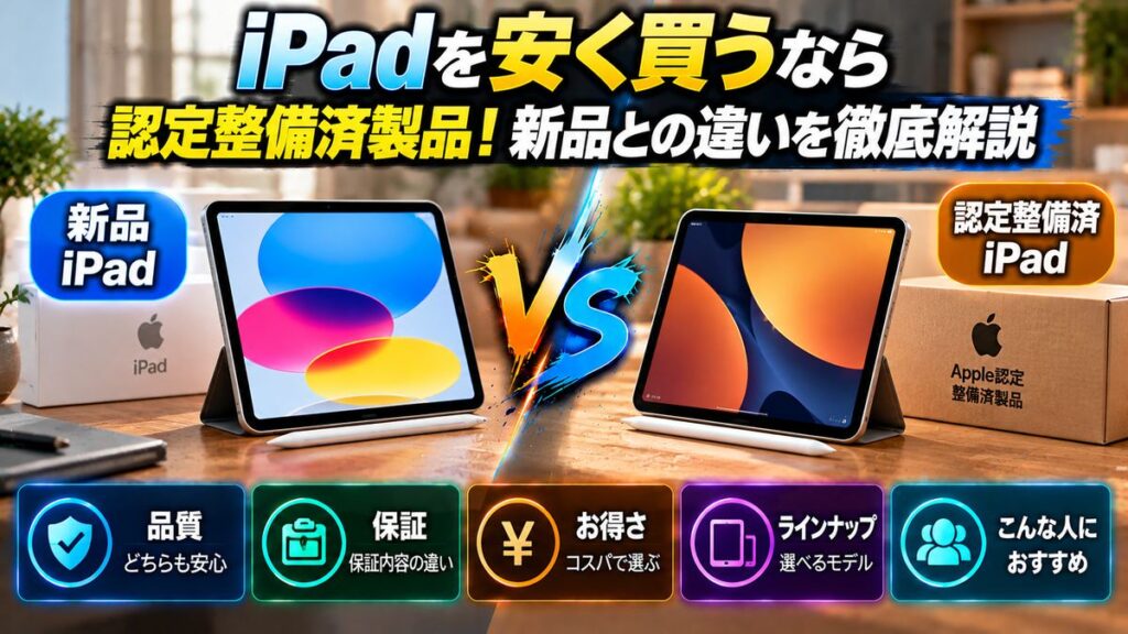 新品iPadとApple認定整備済iPadの比較。品質、保証、お得さ、ラインナップ、選び方を紹介するアイキャッチ