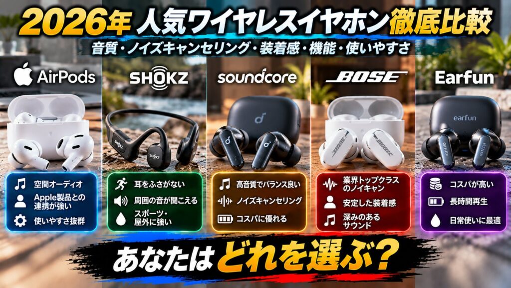 2026年のイヤホン5ブランド比較。AirPods、Shokz、Soundcore、Bose、EarFunの特徴を一覧にしたアイキャッチ