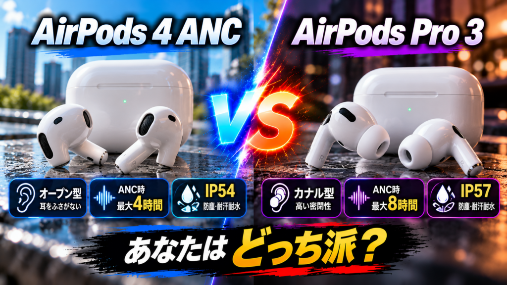 AirPods 4 ANCとAirPods Pro 3の比較アイキャッチ。装着方式、ANC使用時の再生時間、防塵耐汗耐水性能を左右に3項目ずつ表示