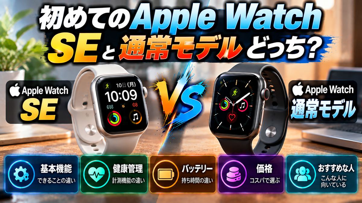 Apple Watch SEと通常モデルの比較。基本機能、健康管理、バッテリー、価格、選び方を解説するアイキャッチ画像