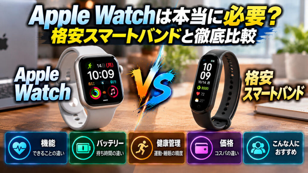 Apple Watchと格安スマートバンドの比較。機能、バッテリー、健康管理、価格、選び方の違いを紹介するアイキャッチ
