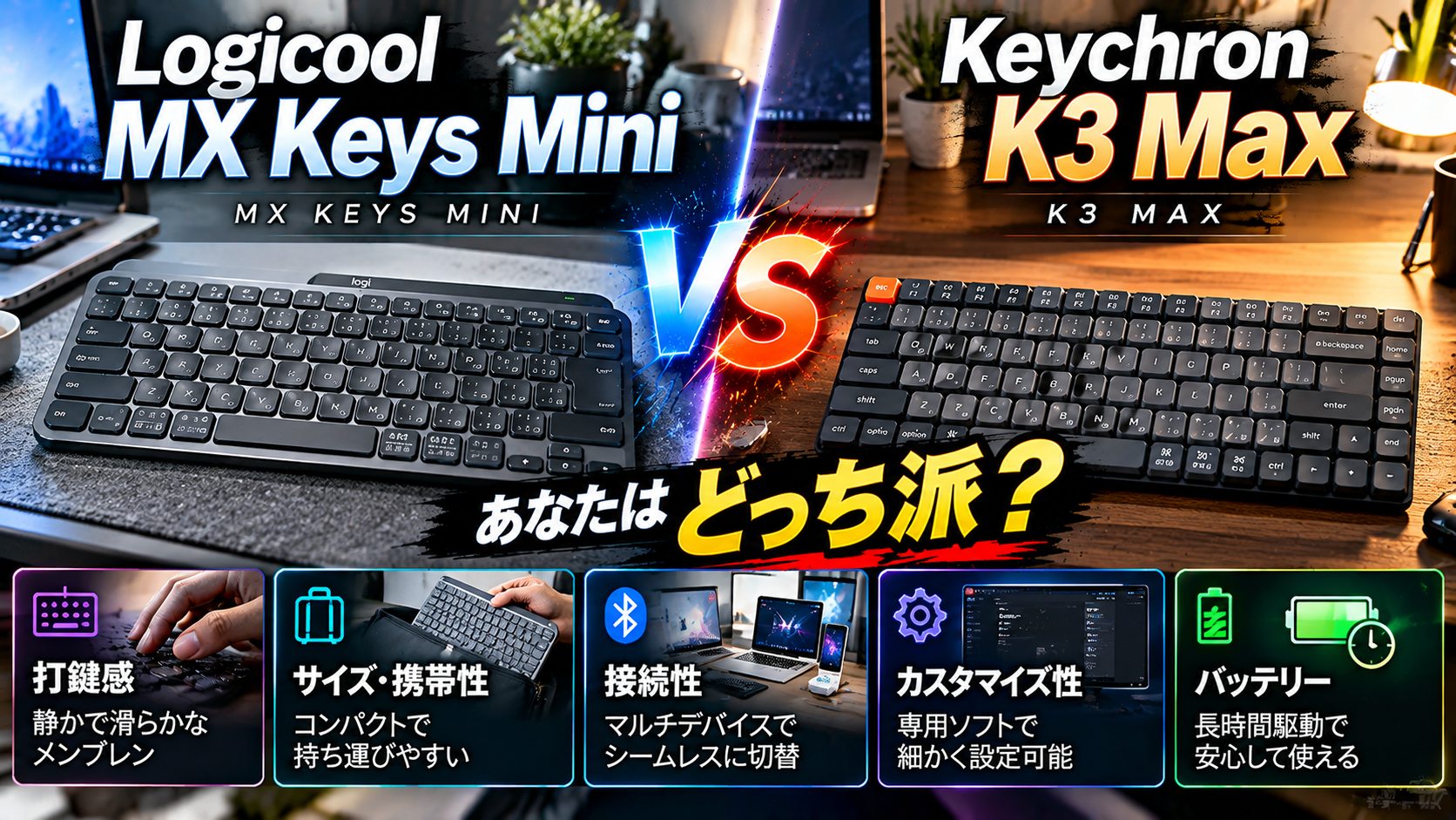 MX Keys MiniとKeychron K3 Maxの比較アイキャッチ画像