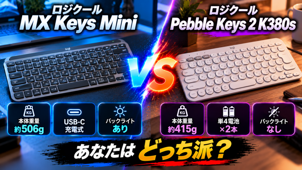 ロジクールMX Keys MiniとPebble Keys 2 K380sの比較。重量、電源方式、バックライトの3項目を左右で比較したアイキャッチ