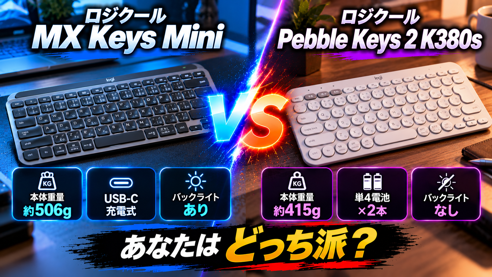 ロジクールMX Keys MiniとPebble Keys 2 K380sの比較。重量、電源方式、バックライトの3項目を左右で比較したアイキャッチ