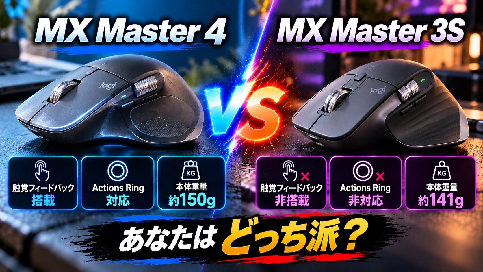 ロジクール MX Master 4とMX Master 3Sの比較。触覚フィードバック、Actions Ring、本体重量の3項目を左右で比較したアイキャッチ