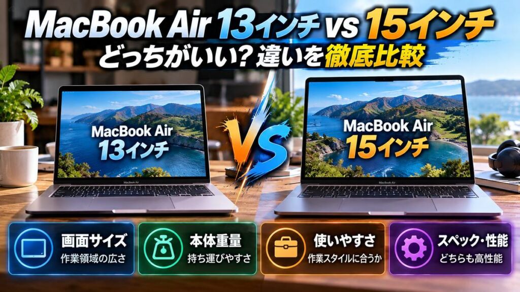 MacBook Air 13インチと15インチの比較。画面サイズ、重さ、持ち運びやすさを比べるアイキャッチ画像