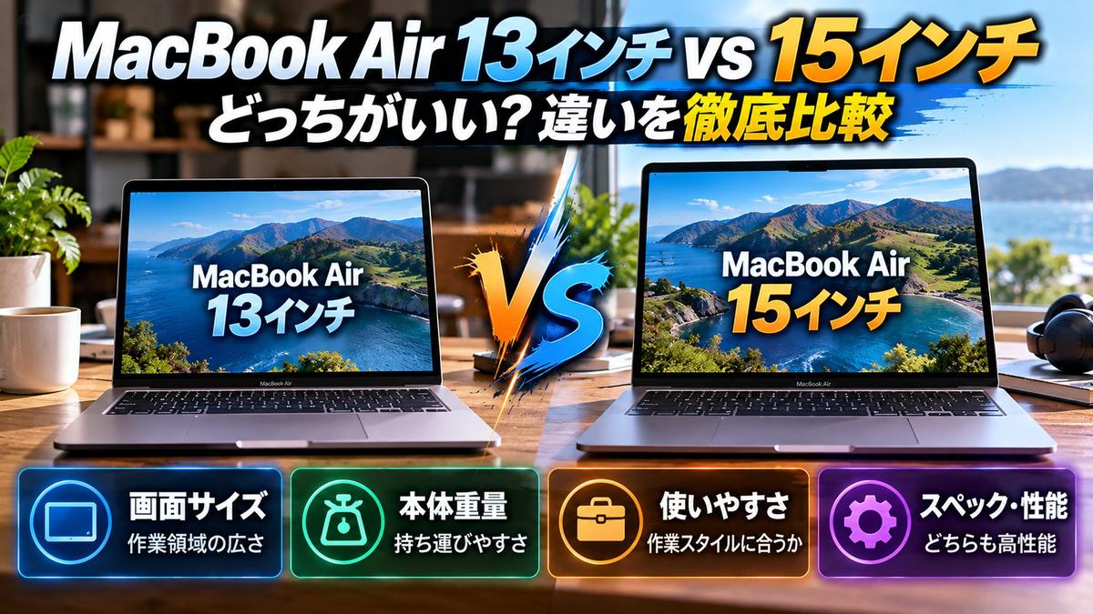 MacBook Air 13インチと15インチの比較。画面サイズ、重さ、持ち運びやすさを比べるアイキャッチ画像