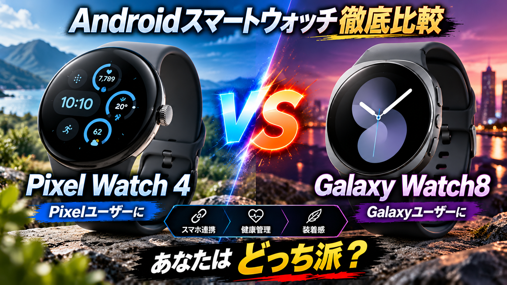 Google Pixel Watch 4とSamsung Galaxy Watch8を左右に並べたスマートウォッチ比較画像