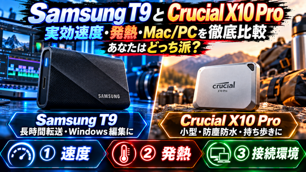 Samsung T9とCrucial X10 Proを比較｜実効速度・発熱・Mac/PCで選ぶならどっち？
