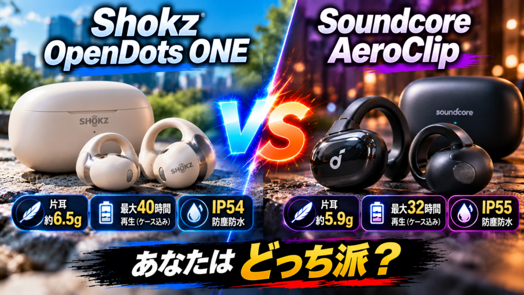 Shokz OpenDots ONEとSoundcore AeroClipを比較。左右それぞれ片耳重量、最大再生時間、防塵防水性能の3項目を掲載したアイキャッチ画像