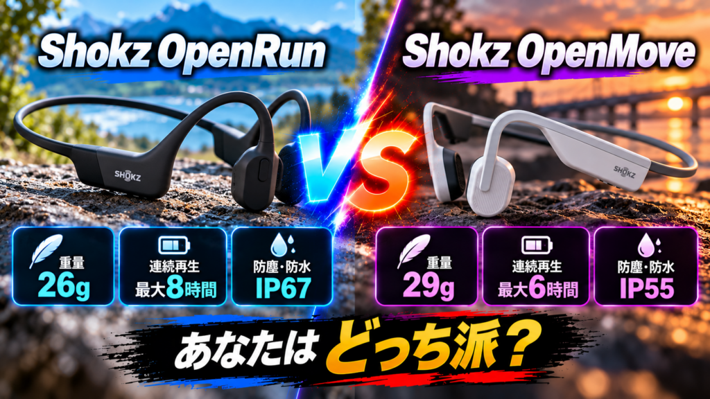 Shokz OpenRunとOpenMoveの骨伝導イヤホン比較。OpenRunは26g、最大8時間、IP67、OpenMoveは29g、最大6時間、IP55。