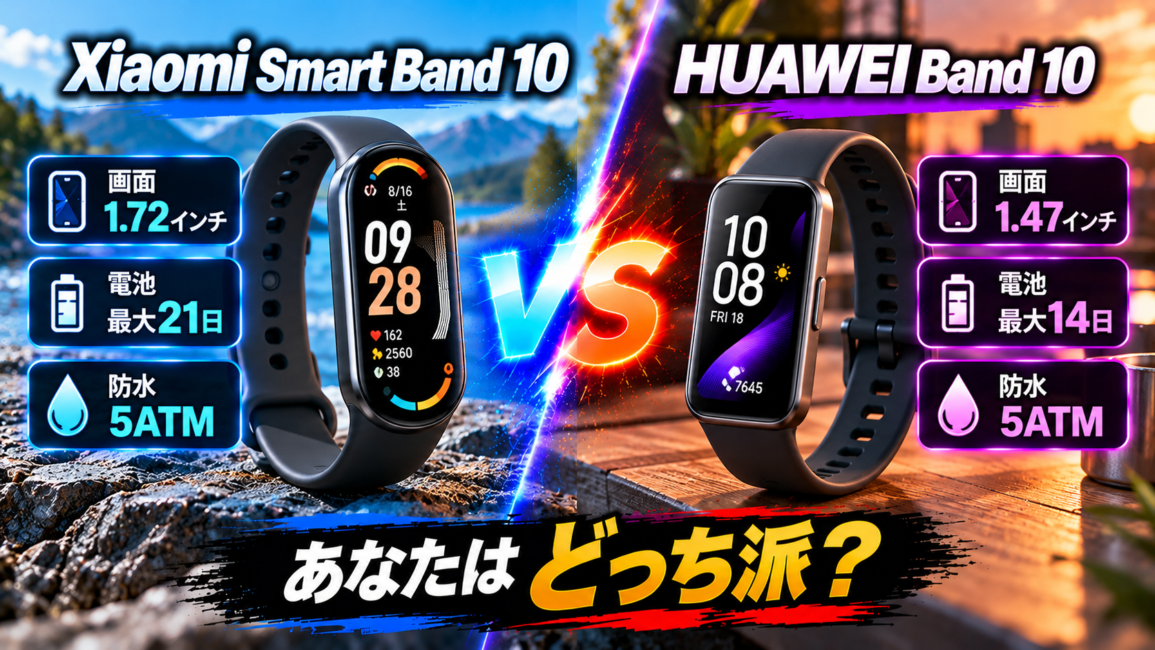 Xiaomi Smart Band 10とHUAWEI Band 10の比較。画面サイズ、バッテリー持続時間、防水性能を左右3項目ずつで比較したアイキャッチ画像。