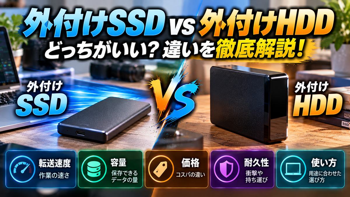 外付けSSDと外付けHDDを比較。転送速度、容量、価格、耐久性、使い方の違いを紹介するアイキャッチ画像